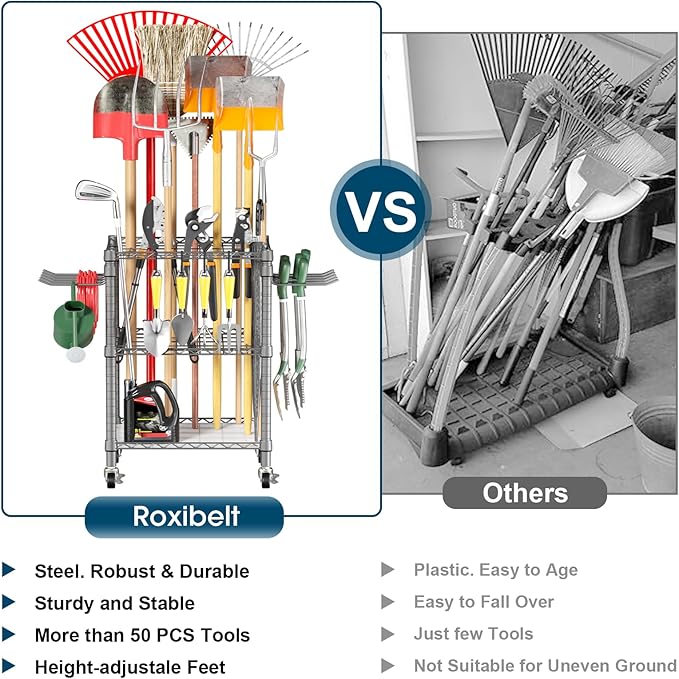 T1 Garden Tool Organizer（with Lockable Wheels） Storage UP to 50 Tools Heavy Duty 7-Tier Over The Toilet Storage（with Basket and Paper Hook） with Adjustable Feet