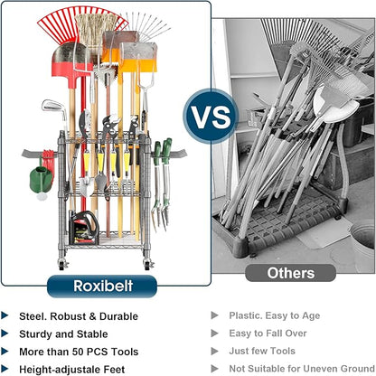T1 Garden Tool Organizer（with Lockable Wheels） Storage UP to 50 Tools Heavy Duty 7-Tier Over The Toilet Storage（with Basket and Paper Hook） with Adjustable Feet