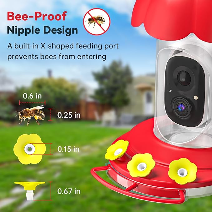 Upgrated Solar Hummingbird Feeder with Camera for Outdoors, Instant Notifications, AI Identify Bird Species, Double Ant Moat, Bee Proof, 3 Feeding Ports Hummingbird Feeders for Garden, Yard