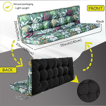 Porch Swing Cushion Three Seat, Waterproof Swing Cushions Replacement with Backrest, Outdoor Garden Furniture Patio 4" Thickened Cushions with Ties (Green Flowers, 40 x 55in)