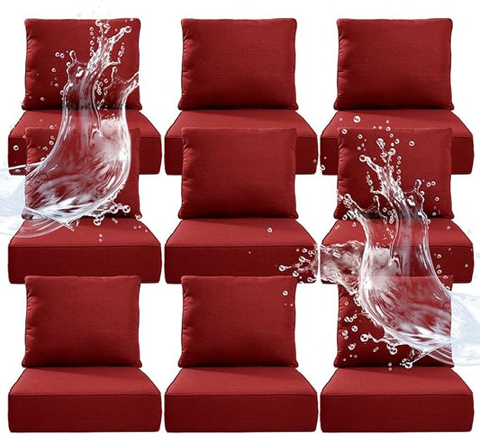 6" Thicker Outdoor Chair Cushion 9 Sets - 24" *24" *6" Waterproof Patio Furniture Cushions with Removable Cover, 28D High Density Sponge Filling Thicken Outdoor Patio Cushions - Red