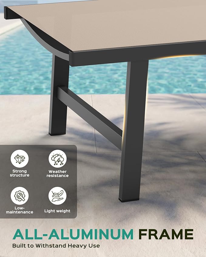 Patio Chaise Lounge Chair Outdoor with Wheels&Armrests, Aluminum Pool Lounge Chairs Five-Position Adjustable Recliner with Side Table, Outdoor Beach Lounge Chairs for Outside, Deck, Yard, Khaki