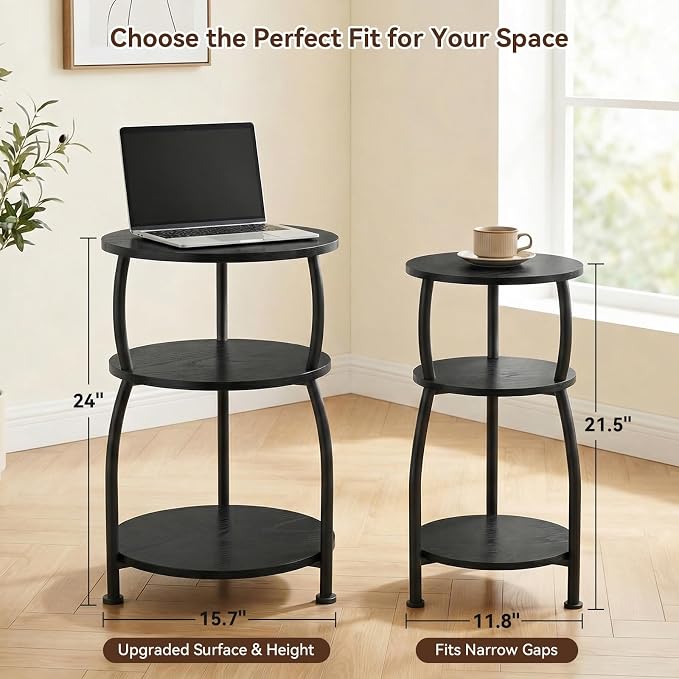 Round Side Table, 3-Tier End Table with Storage Shelf, 15.7" Wide Nightstand for Small Spaces, Tall Sofa Table Capable of Holding Laptops & Lamps, Bedside Table for Bedroom & Living Room, Black