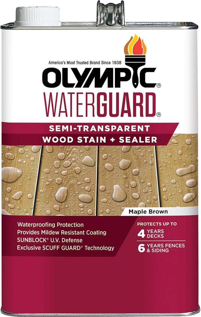Olympic WaterGuard 1 gal Maple Brown Semi-Transparent Wood Stain & Sealer | Water-Based Deck, Fence & Siding Stain, Waterproofing UV