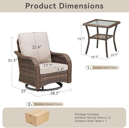 Patio Wicker Chairs Swivel Rocker Outdoor Rocking Chairs Set of 3 Rattan Furniture Set with Thick Cushion for Balcony Deck Backyard, Beige