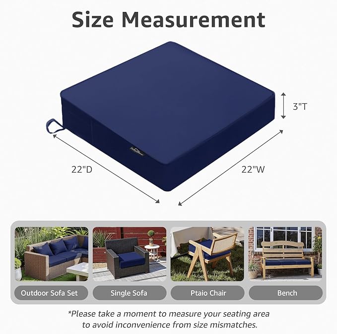 PatioGlow Outdoor Chair Cushions 22 x 22 x 3 Inch, Waterproof & Fade Resistant Patio Seat Cushion for Furniture with Handle and Ties, Thick Seating Pads for Outside Sofa Couch Set of 2, Dark Blue