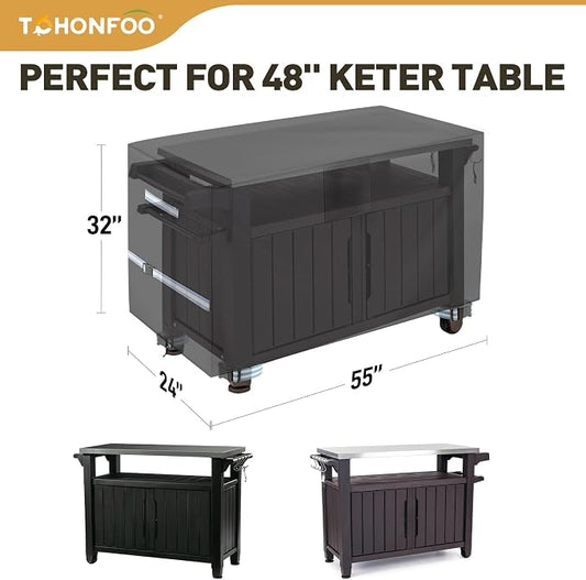 Outdoor Table Cover 55 Inch, Heavy Duty Waterproof Fabric BBQ Cart Cover Compatible with 52-inch Keter Unity XL Portable Outdoor Table, Grill Cart Serving Bar Table Patio Cabinet Cover,55" x 24" x 32"