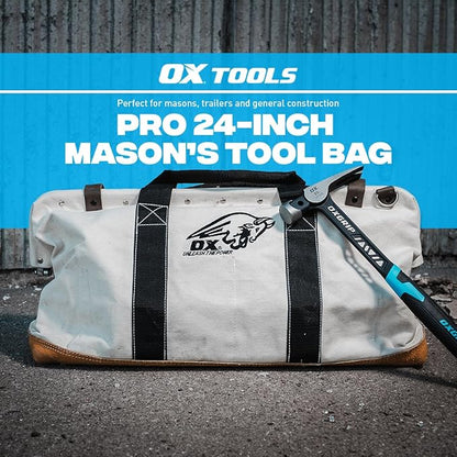 OX Tools Large Canvas Tool Bag 24 Inch Wide with Heavy Duty Masonry Tool Bag Straps and Reinforced Frame with Suede Leather Bottom for Construction Workers OX-P262924