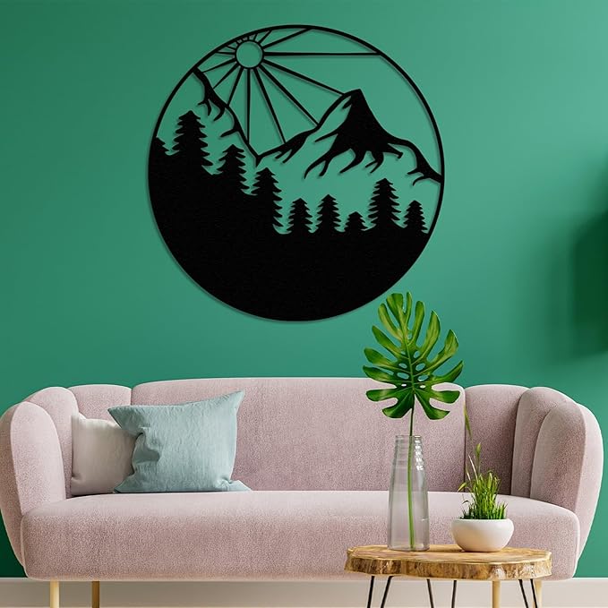 Sunlit Mountain Forest Landscape Metal Wall Art, Round Nature-Inspired Decor for Living Room, Bedroom, Patio, or Outdoor Spaces, Minimalist Pine Tree and Mountain Scenery Design, Rustic Home Accent for Nature Lovers (32 x 32 inches)