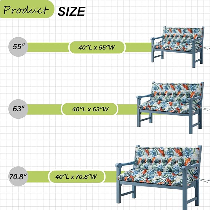 Swing Replacement Cushions with Backrest, 2 or 3 Seater Waterproof Non-Slip Overstuffed Swing Pad, Indoor/Outdoor Bench Cushion for Porch Chair Swing Garden Furniture (Summer, 40 * 63 in)