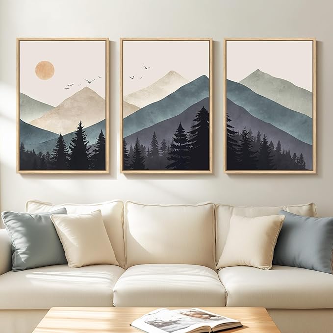Framed Boho Mountain Landscape Wall Art for Living Room, Large Bohemian Forest Canvas Paintings Artwork for Walls, 3 Piece Nature Wall Picture for Hallway Bedroom Office Wall Decor, 24x36 Inch