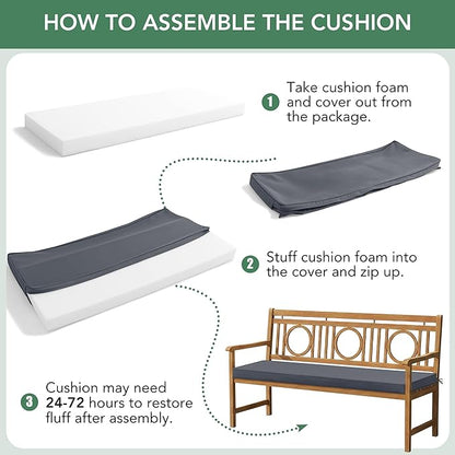 Summsun Outdoor Bench Cushion: Waterproof and Fade Resistant Patio Furniture Cushions - Non-Slip Bench Pad Cushion with Removable Cover for Garden Swing Porch Sofa Settee, 48 x 18 x 3 Inch, Dark Grey