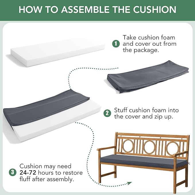 Summsun Outdoor Bench Cushion: Waterproof and Fade Resistant Patio Furniture Cushions - Non-Slip Bench Pad Cushion with Removable Cover for Garden Swing Porch Sofa Settee, 42 x 18 Inch, Dark Grey