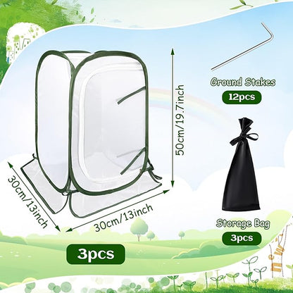 Augshy 3 Pack Pop Up Plant Covers Plant Protectors Tent Mesh Plant Protectors from Animals and Birds Garden Net Cage with Stakes for Protect Outdoor Plants Vegetables Flowers Shrubs 13"x13"x20"
