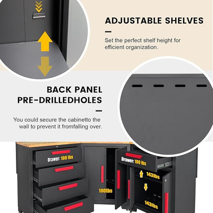 Red Garage Cabinet Storage System 10-Pcs Corner Workshop Set Garage Cabinet and Storage System for Tool Organization