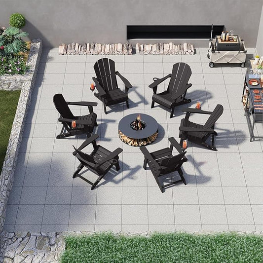 Folding Adirondack Chairs with Cup Holders, Set of 6 HDPE Plastic Outdoor Chairs, Weather Resistant, Real Wood Look, Heavy-Duty Patio Furniture for Deck, Fire Pit, Backyard, Black