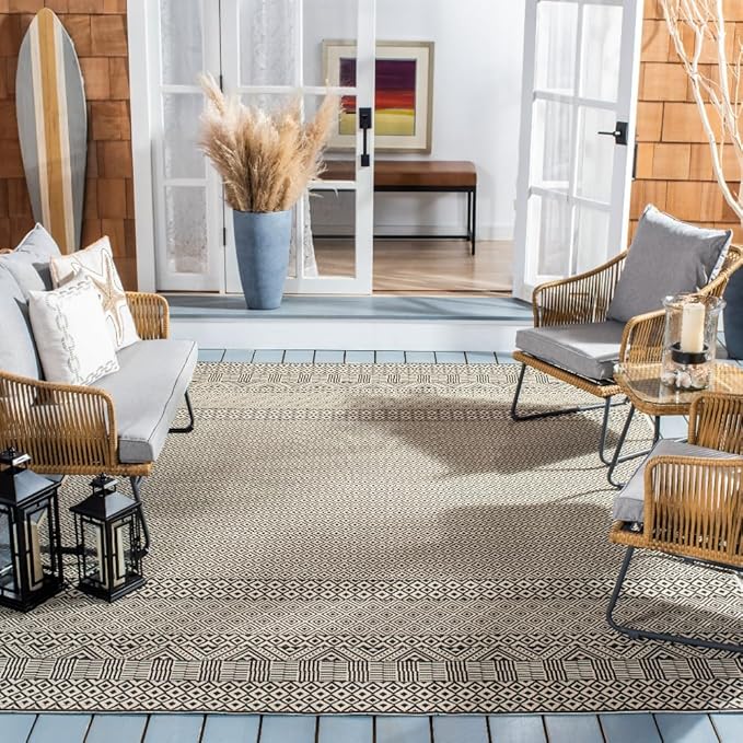 SAFAVIEH Washable Rug Outdoor Courtyard Collection - 8' x 10', Beige & Black, Non-Shedding & Easy Cleaning, Ideal for Patio, Backyard, Mudroom, DIning Space (CY6235-25612)