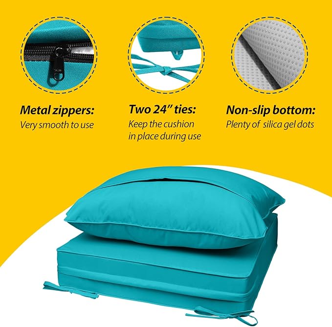 AAAAAcessories Outdoor Seat Cushions for Chairs, Fade-Resistant, Waterproof Patio Furniture Replacement Cushions, 21" x 21" x 3" + 21" x 17", Turquoise Blue