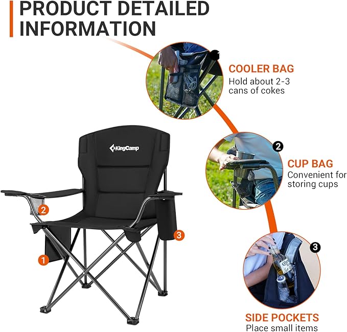 KingCamp Padded Portable Outdoor Folding Lounge Chairs with Built In Cupholder, Insulated Cooler Sleeve, and Side Storage Pocket, Black