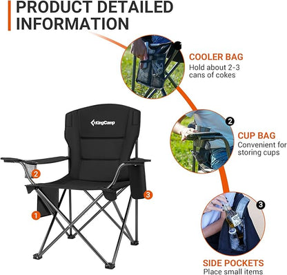 KingCamp Padded Portable Outdoor Folding Lounge Chairs with Built In Cupholder, Insulated Cooler Sleeve, and Side Storage Pocket, Black