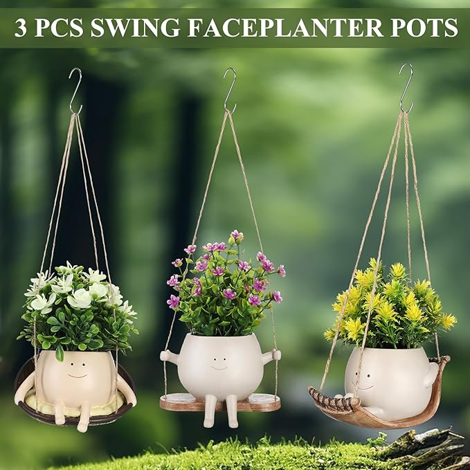 Nuogo 3 Pack Hanging Swing Chair Planter Pots Cute Wall Hanging Planter Pot Swing Face Pot with Drainage Holes Head Pots for Indoor Outdoor Plant Home Decor(Cute)