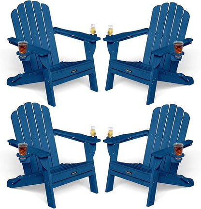 Adirondack Chairs Set of 4, HDPE Fire Pit Chairs, Plastic Adirondack Chairs with 2 Cup Holder, Outdoor Lawn Chair for Patio Garden, Navy Blue