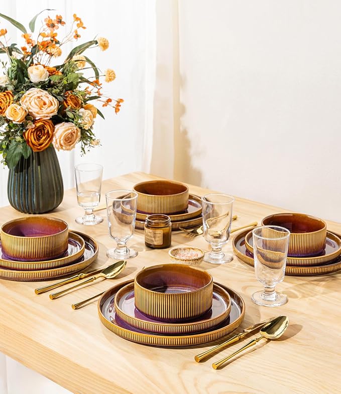 TheTerra Ceramic Dinnerware Sets for 4, 16 Pieces Porcelain Lightweight Plates and Bowls Sets, Scratch Resistant Dish Set, Oven & Microwave & Dishwasher Safe, Amber Amethyst