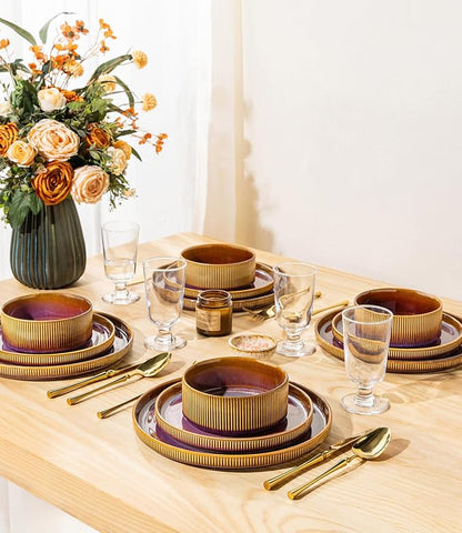 TheTerra Ceramic Dinnerware Sets for 4, 16 Pieces Porcelain Lightweight Plates and Bowls Sets, Scratch Resistant Dish Set, Oven & Microwave & Dishwasher Safe, Amber Amethyst