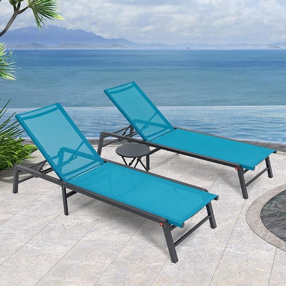 Aluminum Chaise Lounge Chair Outdoor, Foldable Patio Lounge Chair 2 Sets with Table Assemble-Free, Pool Lounge Chairs with 5 Adjustable Backrest, Outdoor Lounge Chairs for Outside Poolside Blue