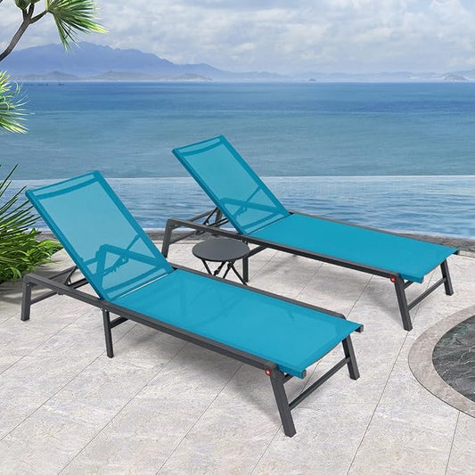 Aluminum Chaise Lounge Chair Outdoor, Foldable Patio Lounge Chair 2 Sets with Table Assemble-Free, Pool Lounge Chairs with 5 Adjustable Backrest, Outdoor Lounge Chairs for Outside Poolside Blue
