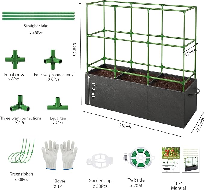 51x17x49 Inch Garden Tomato Cages Planter with 46 Gallon Grow Bags, Square Plant Support Trellis,for Vertical Climbing Plants Vegetables Fruits Flowers Outdoor Gardening Supplies