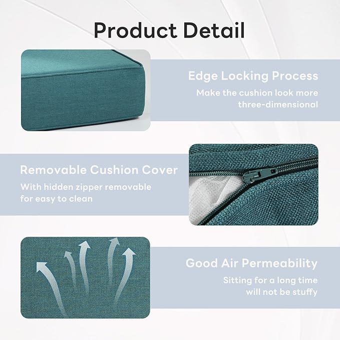 6" Thicker Outdoor Chair Cushion 3 Sets - 24" *24" *6" Waterproof Patio Furniture Cushions with Removable Cover, 28D High Density Sponge Filling Thicken Outdoor Patio Cushions - Peacock Blue