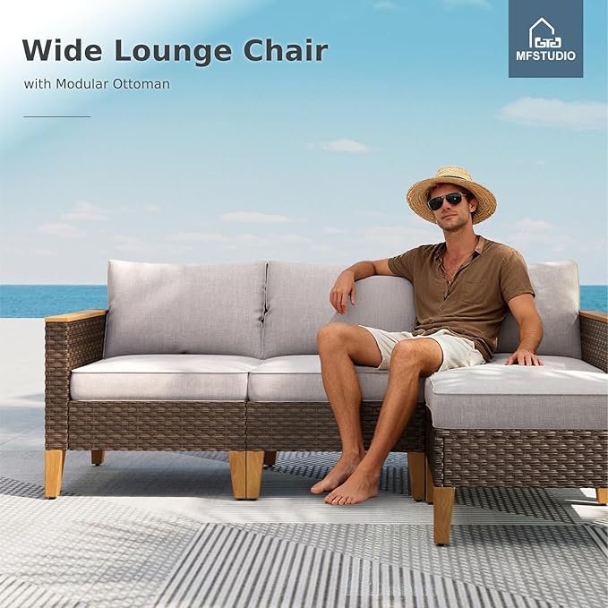 MFSTUDIO 9 Piece Wicker Patio Furniture Set, 2 x Loveseat Sofa, 2 x Ottoman, 3-Seat Sofa, All-Weather Outdoor PE Rattan Patio Conversation Set for Garden, Backyard(Beige Cushions)