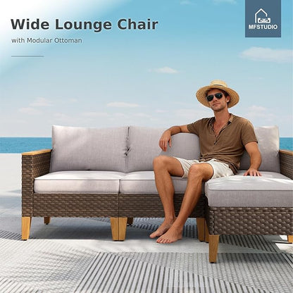 MFSTUDIO 9 Piece Wicker Patio Furniture Set, 2 x Loveseat Sofa, 2 x Ottoman, 3-Seat Sofa, All-Weather Outdoor PE Rattan Patio Conversation Set for Garden, Backyard(Beige Cushions)