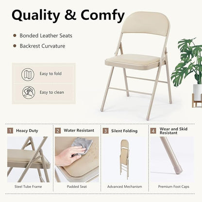 DUMOS 12 Pack Leather Padded Folding Chair, Indoor Outdoor Portable Stackable Commercial Seat with Steel Frame, Capacity for Home, Office, Party, Comfy, Kahki