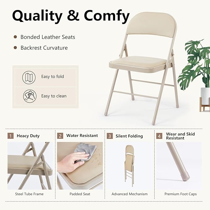 DUMOS 6 Pack Leather Padded Folding Chair, Indoor Outdoor Portable Stackable Commercial Seat with Steel Frame, Capacity for Home, Office, Party, Comfy, Kahki