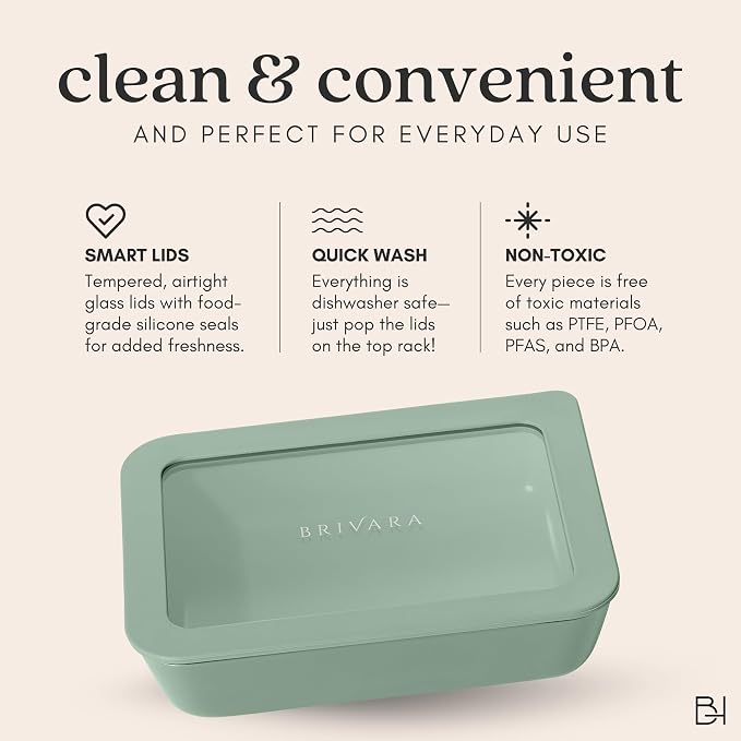 12-Piece Glass Meal Prep Containers Set with Lids (6 Containers + 6 Lids) | Microwave-Safe Airtight Seal, Oven-Safe Ceramic-Coated Glass | Zero Plastic, No PFAS/PFOA/BPA [Willow]