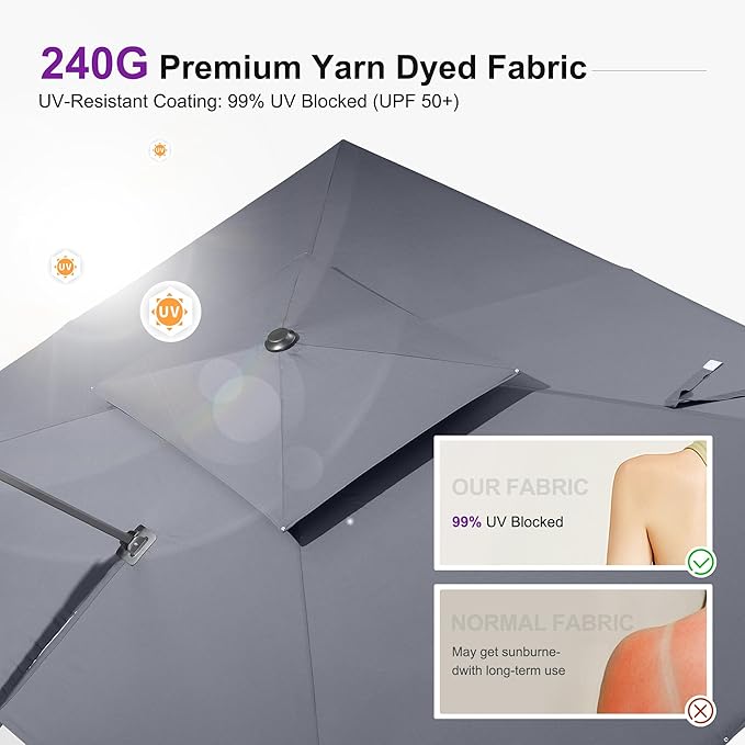 PURPLE LEAF 10' X 13' Cantilever Outdoor Umbrellas Large Patio Umbrella Hanging Double Top Rectangle Offset Umbrella with 360°Rotation Tilting Umbrella Outdoor Patio Grey