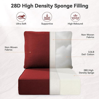Luxury 6" Outdoor Cushions for Patio Furniture, 24x24x6" Thick Seat Cushion Set of 4, Fade Resistant Couch Chair Replacement Cushions High Density Deep Wicker Chair Cushion w/ Removable Cover, Red