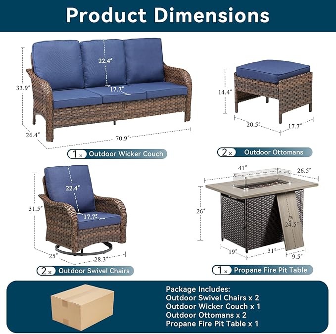 Patio Furniture Set with 42.5" Fire Pit Table-6 Pieces All Weather Wicker Outdoor Furniture with High Back Swivel Patio Chairs Set of 2 Outdoor Couch for Deck Balcony Backyard Brown/Blue