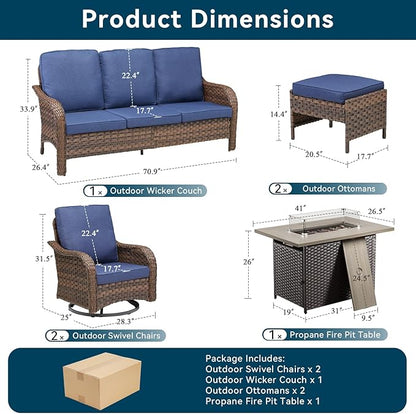 Patio Furniture Set with 42.5" Fire Pit Table-6 Pieces All Weather Wicker Outdoor Furniture with High Back Swivel Patio Chairs Set of 2 Outdoor Couch for Deck Balcony Backyard Brown/Blue