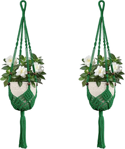 USLAI Macrame Plant Hanger Indoor Outdoor, Fits 3 to 6.5 inch Pots, Hanging Planter Holder with Beads and Tassels, Boho Home Decor, 35+35 Inch, Green (POTS NOT Included)