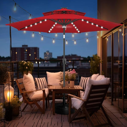 FLAME&SHADE 9 ft Double Top Solar Patio Outdoor Umbrella with 40 LED Lighted and Tilt, Market Table Umbrella for Pool, Porch, Garden, Deck, Yard Red