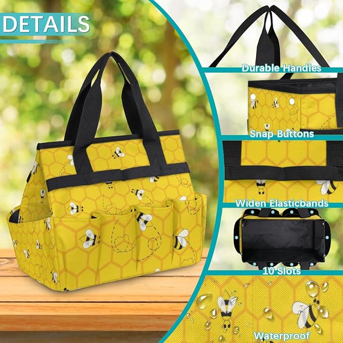 Yellow Bee Beehive Garden Tool Bag with 10 Pockets Easy Access Garden Tote Storage Bag Wear-Resistant & Reusable with 2 Handles Gardening Gifts 13" X 2.8" X 6.8"