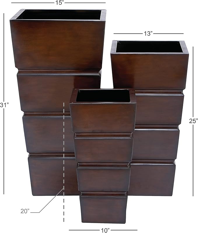 Deco 79 Metal Indoor Outdoor Planter Light Weight Large Planter Pot with Tapered Base and Fluted Design, Set of 3 Planters 31", 25", 20"H, Brown