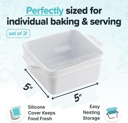 Souper Cubes Ceramic Baking Dishes 2.0-5" x 5" Baking Dishes with Silicone Lids, Individual Baking Dishes for Oven, Microwave, Oven and Air Fryer Safe, USA Made, Set of 2 - White