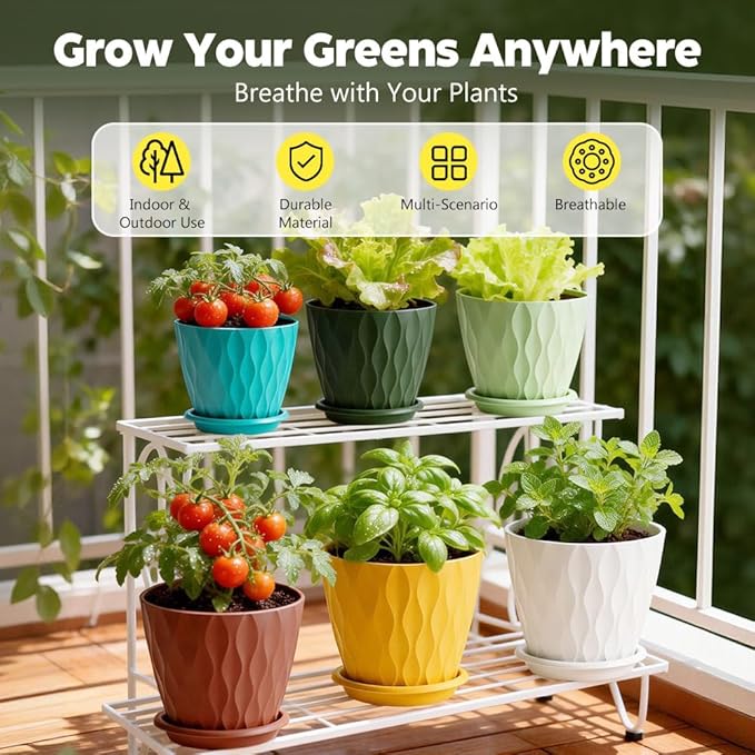 Plant Pots, Self Watering Planters with Drainage Holes and Trays, Flower Pots for Indoor Outdoor - 6 Pack(4/5/6/6.5/7/8 Inch) (Colorful)