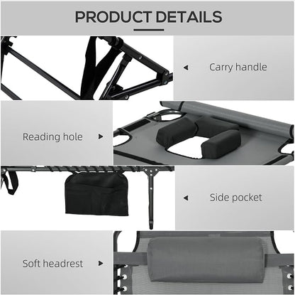 Outsunny Folding Chaise Lounge with 5-Level Reclining Back, Tanning Chair with Face Hole, Outdoor Lounge Chair with Side Pocket & Headrest for Beach, Yard, Patio, Gray