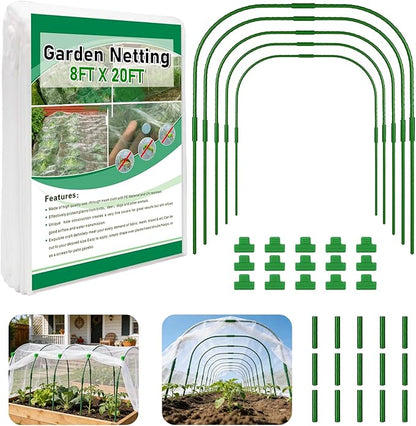 Garden Netting Kit for Raised Beds, Ultra Fine Garden Mesh Netting 8x20ft & 5 Sets Garden Hoops with Clips, Row Cover Net Protection Plant Covers Set for Greenhouse Vegetable Fruits Flowers Barrier