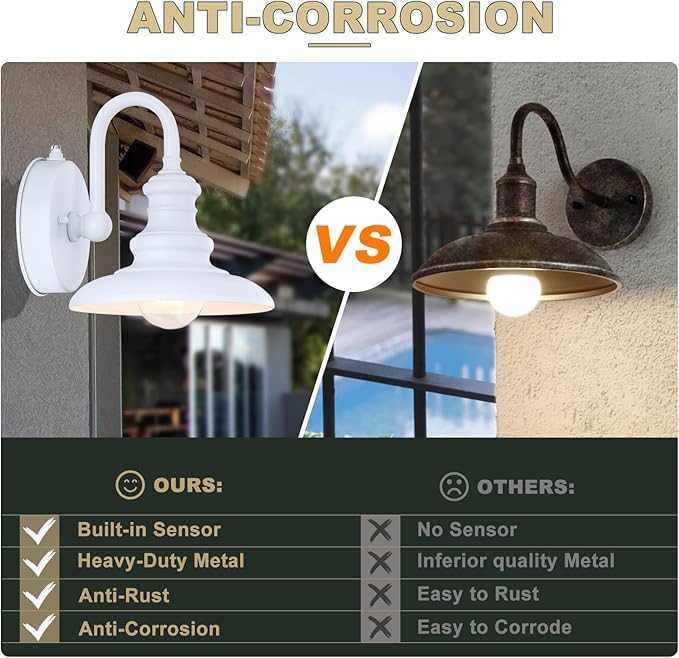 LONEDRUID Dusk to Dawn Sensor Outdoor Gooseneck Barn Light Fixtures White Exterior Wall Sconce Lighting Waterproof Outside Porch Lantern Rustic Wall Mount Lamp for House Garage Farmhouse